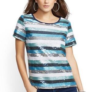 NWT New York Soho Blue Silver Striped Sequin short sleeve shirt medium women’s